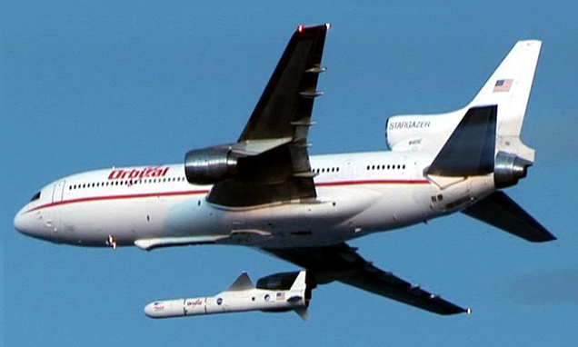 Lockheed L-1011 Stargazer mothership releasing a Pegasus rocket for testing